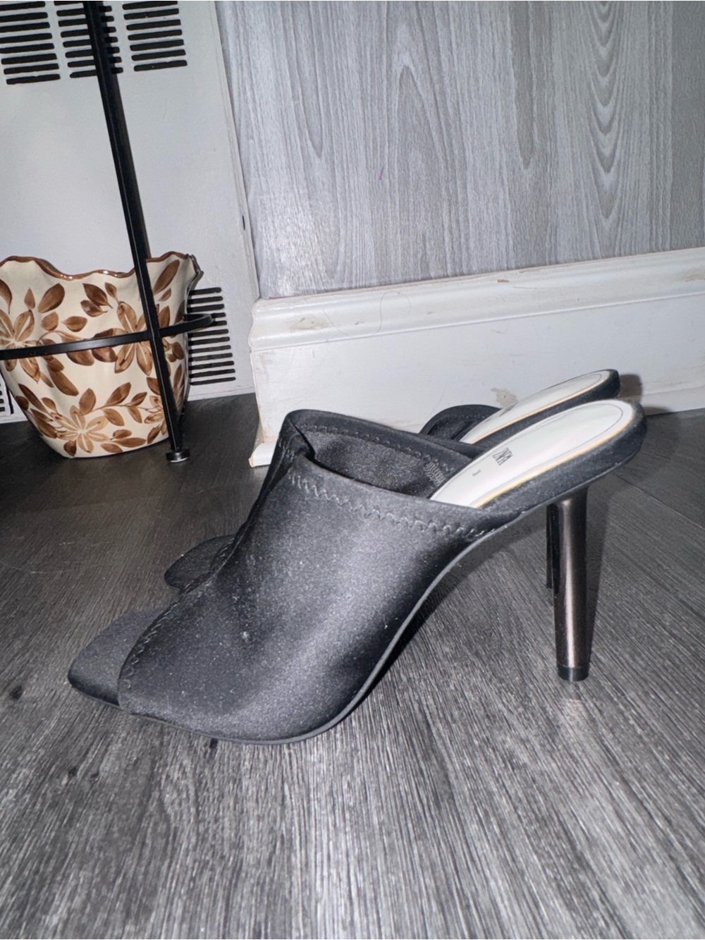 Zara Black Satin Open-Toe High Heel Mules